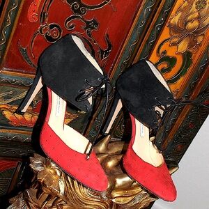 Vintage Bionda Castana Red Black & Gold Suede Lana Stiletto Shoes